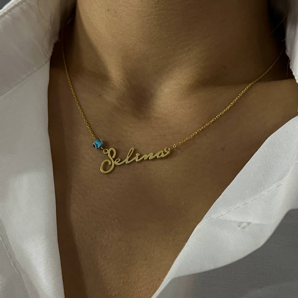 Kardelen Signatur Kette - Waagerecht mit Blaue Nazar Auge - 925 SILBER Exklusive Angebote