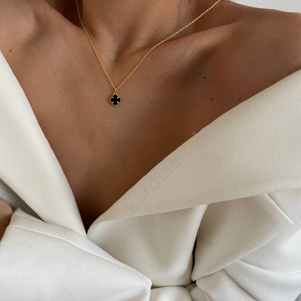 Kardelen 14K GOLD KLEE SCHWARZE HALSKETTE Neuheiten