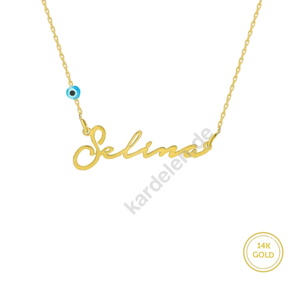Kardelen 14K GOLD SIGNATUR KETTE - WAAGERECHT MIT BLAUE AUGE Versandkostenfrei