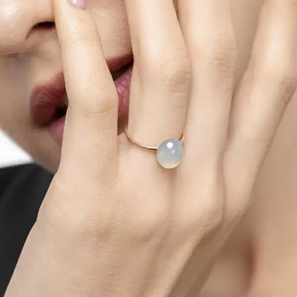 Leaf Jewelry Ring Cabochon II, 14 K Rosegold, Sea Blue Chalzedon Fabrikverkauf