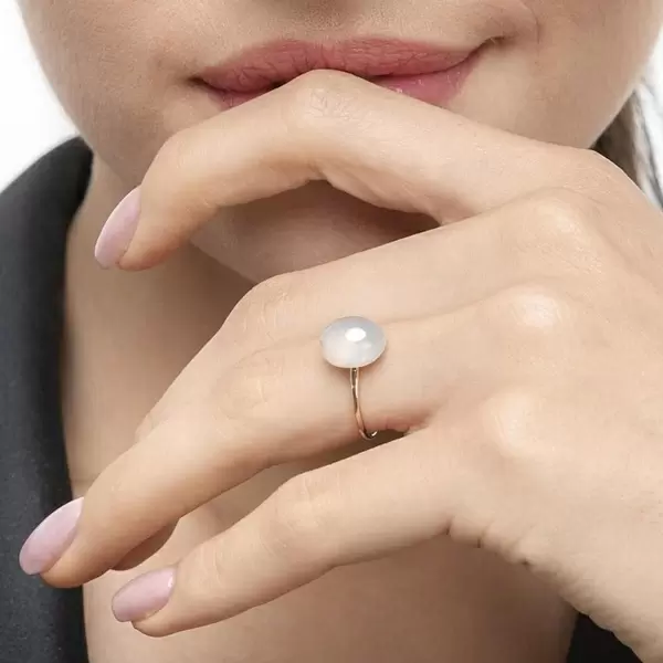 Leaf Jewelry Ring Cabochon II, 14 K Rosegold, Sea Blue Chalzedon Fabrikverkauf