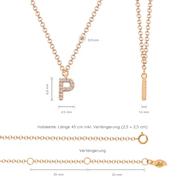 Leaf Jewelry Halskette Letter "P", 14 K Rosegold mit Diamanten Kauf eins, bekomm eins gratis