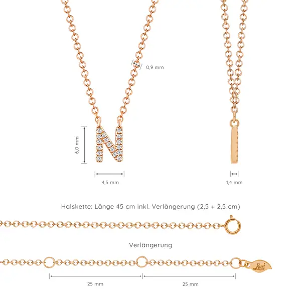 Leaf Jewelry Halskette Letter "N", 14 K Rosegold mit Diamanten Tägliche Deals