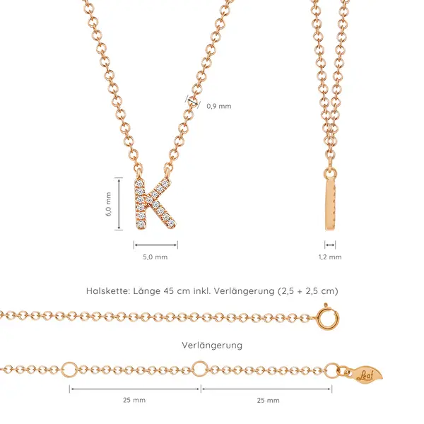 Leaf Jewelry Halskette Letter "K", 14 K Rosegold mit Diamanten Bis zu 55% Rabatt