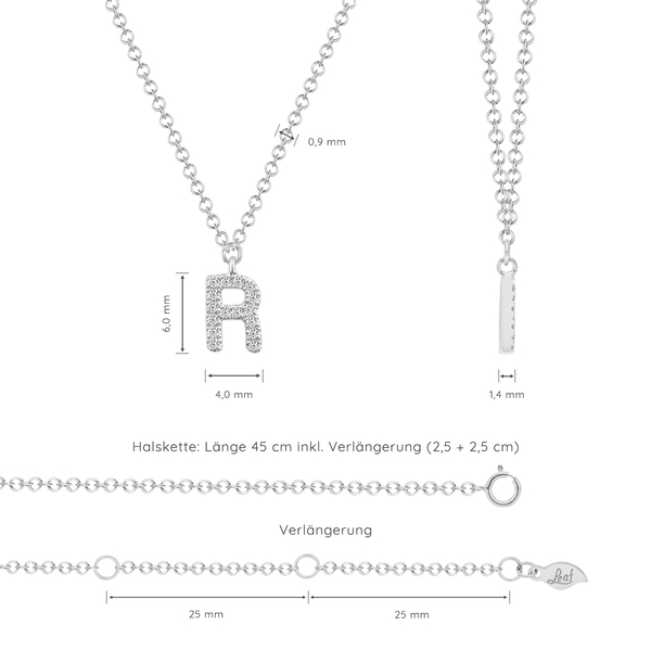 Leaf Jewelry Halskette Letter "R", 14 K Weißgold mit Diamanten zollfrei