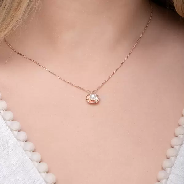 Leaf Jewelry Halskette Muschel mit Perle, 18 K Rosegold vergoldet Räumungsverkauf