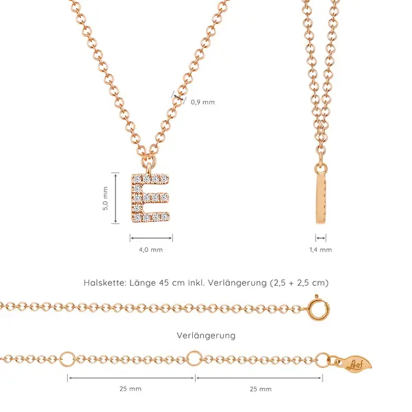 Leaf Jewelry Halskette Letter "E", 14 K Rosegold mit Diamanten Weihnachtsangebot
