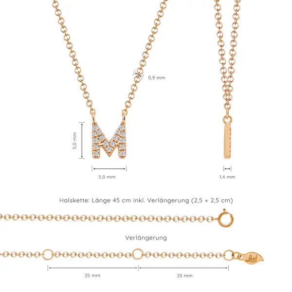 Leaf Jewelry Halskette Letter "M", 14 K Rosegold mit Diamanten Vatertagsangebot