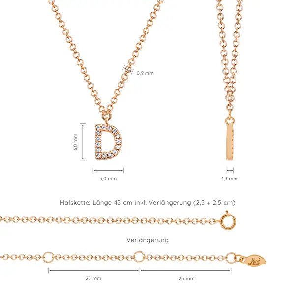Leaf Jewelry Halskette Letter "D", 14 K Rosegold mit Diamanten Kostenloser Versand international