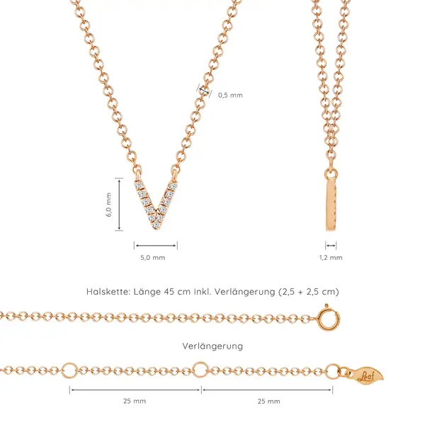 Leaf Jewelry Halskette Letter "V", 14 K Rosegold mit Diamanten Fabrikladen