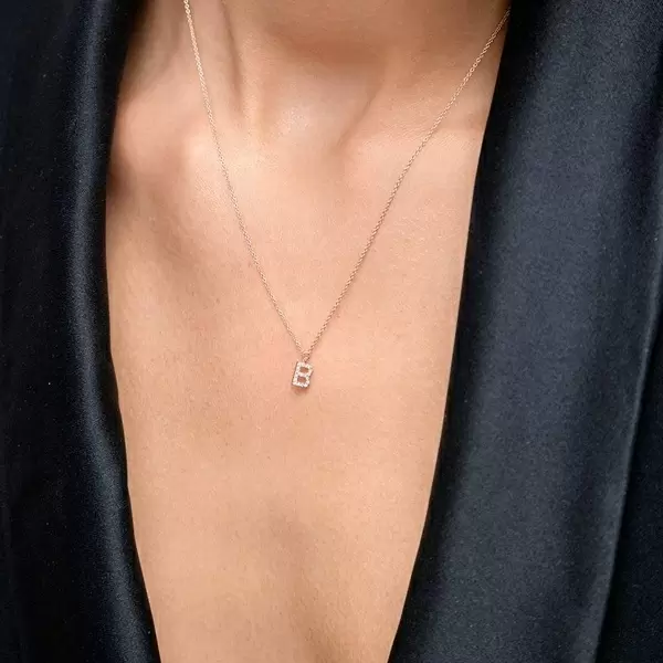 Leaf Jewelry Halskette Letter "B", 14 K Rosegold mit Diamanten Kostenlose Rückgabe