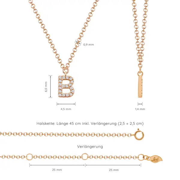 Leaf Jewelry Halskette Letter "B", 14 K Rosegold mit Diamanten Kostenlose Rückgabe