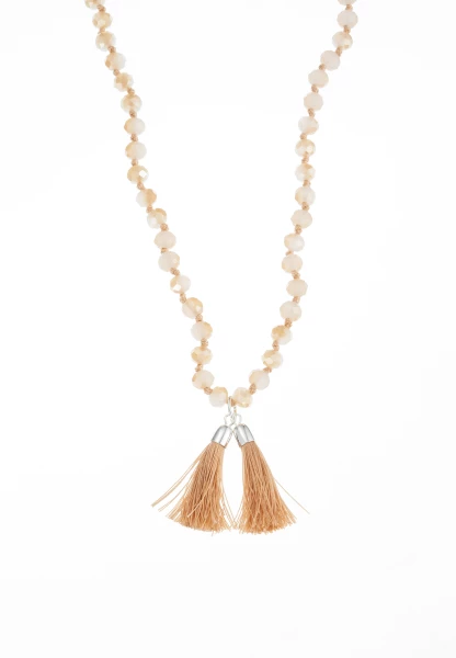 Leslii Lange Kette Tassel Glasperlen Edelstahl Silber Beige Discount Store für neue Produkte
