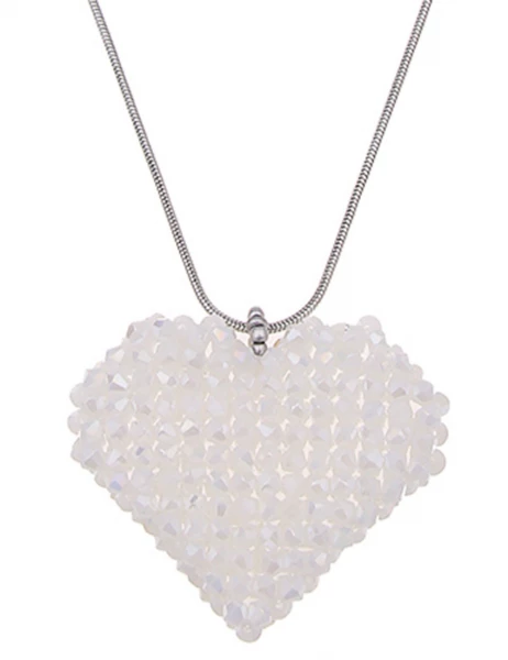 SALE! Leslii Damen-Kette Glasperlen Herz-Anhänger Heart lange Modeschmuck-Kette Silber Weiß Letzter Tag