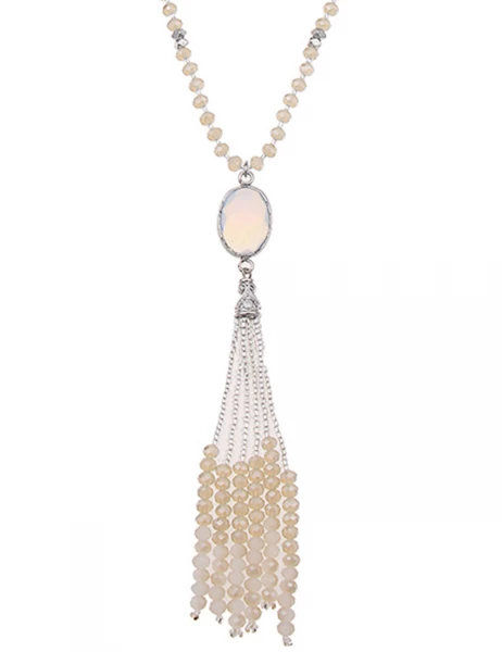 -50% SALE Leslii Lange Halskette Glasperlen-Bommel in Silber Beige Zeitbegrenzte Promotion