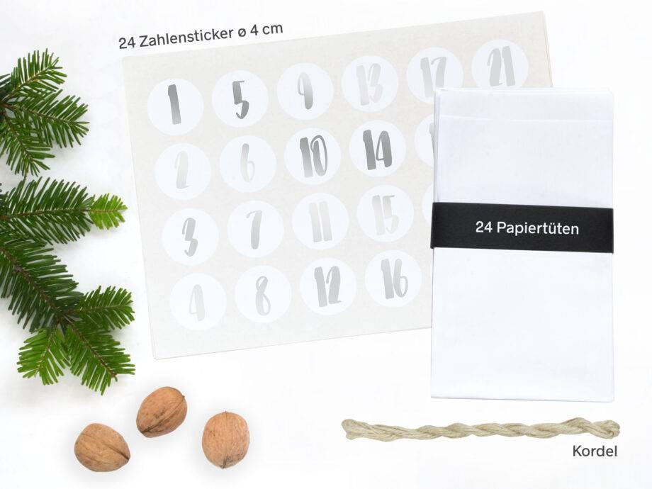 Renna Deluxe Adventskalender SILBER metallic mit weißen Tüten Jubiläumsangebot