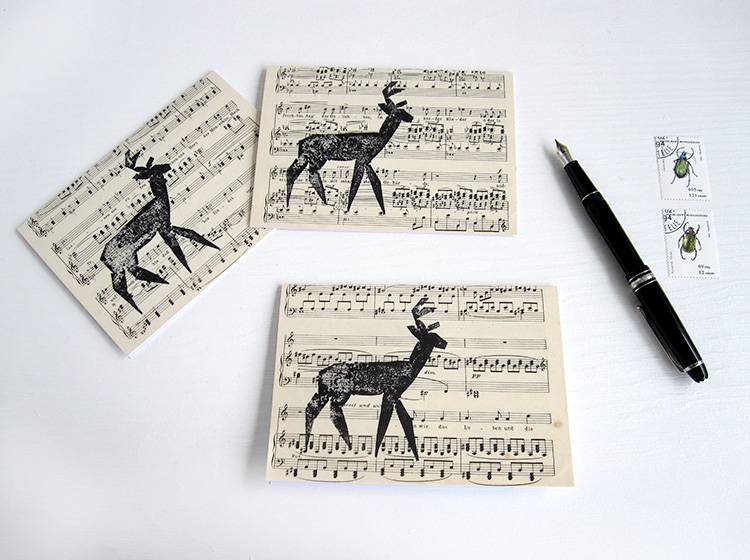 Renna Deluxe Klappkarte mit Hirsch auf Notenpapier Super Sparpreis