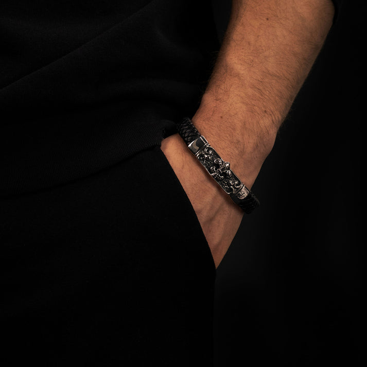 Save Brave Armband Zulu mit Fleur de Lys aus geflochtenem Leder & Edelstahl Nur für heute