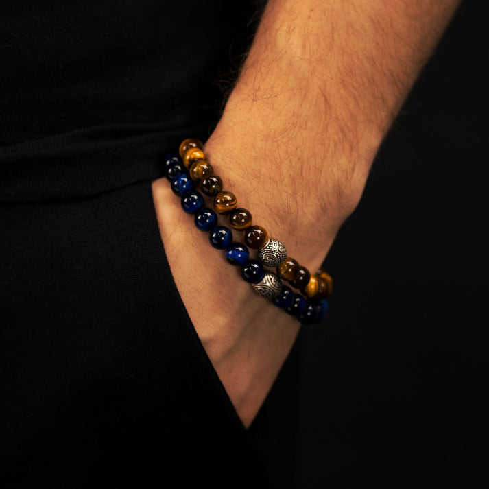 Save Brave Stretcharmband aus blauen Tigeraugenperlen mit Keltischem Knoten Verkauf