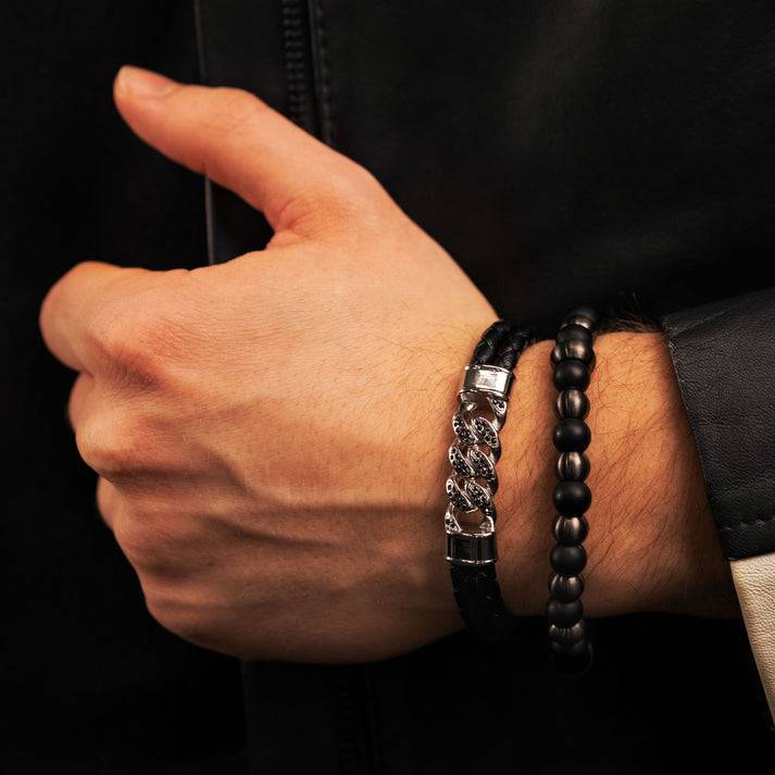 Save Brave Doppeltes Lederarmband Frank mit schwarzen Zirkoniasteinen Schlussverkauf