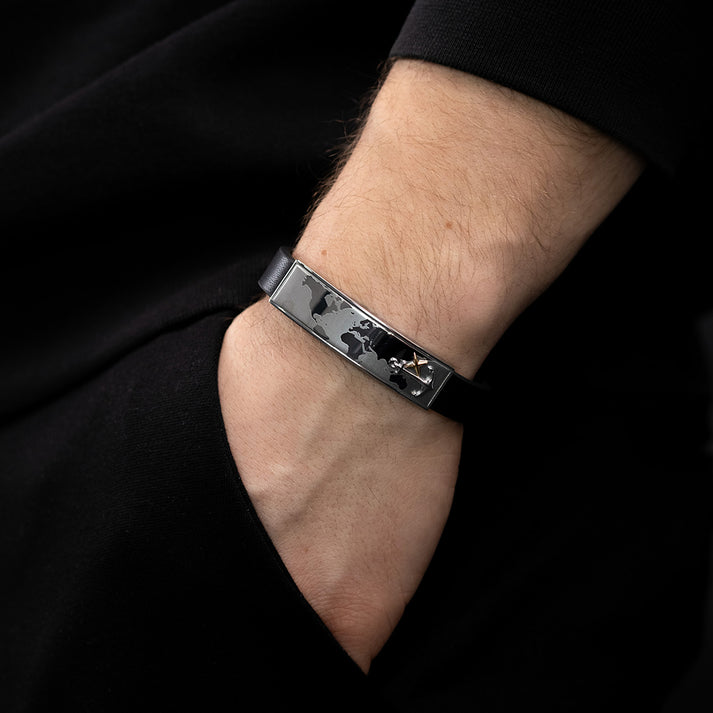 Save Brave Lederarmband Worldanchor schwarz - Welt & Anker gold Lagerräumung