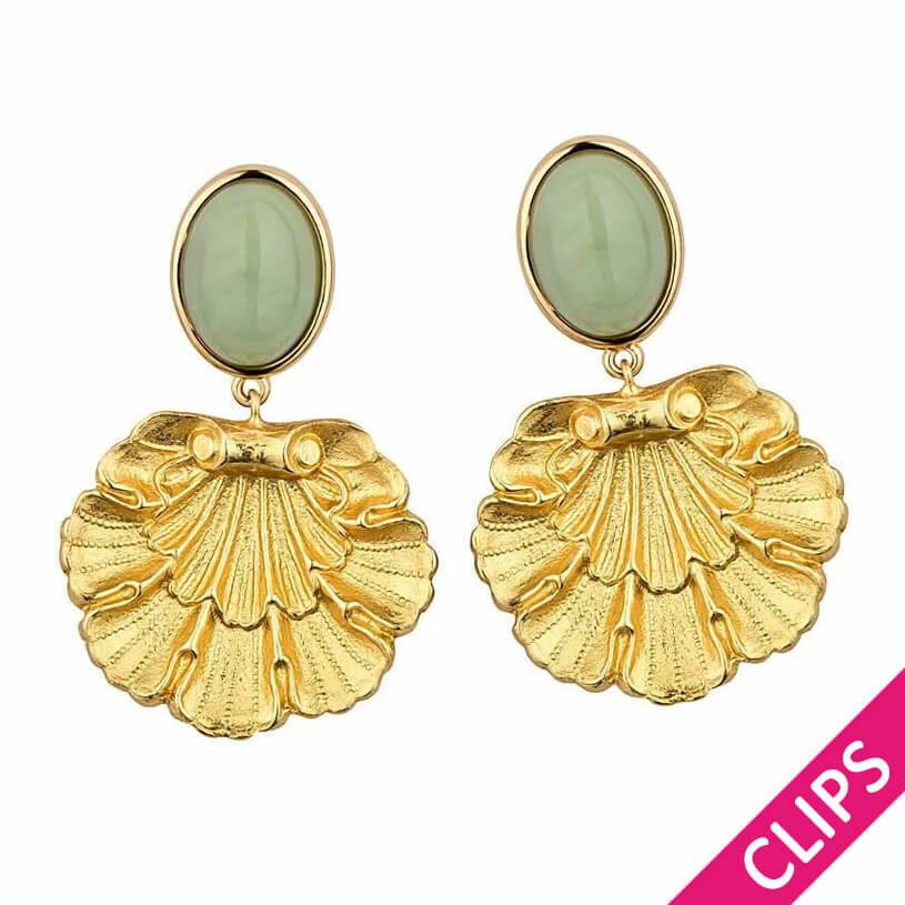 SchwesterSchwester Vergoldete Ohrclips in Jadegrün mit goldenem Muschelornament von AmuseToi Riesige Rabatte