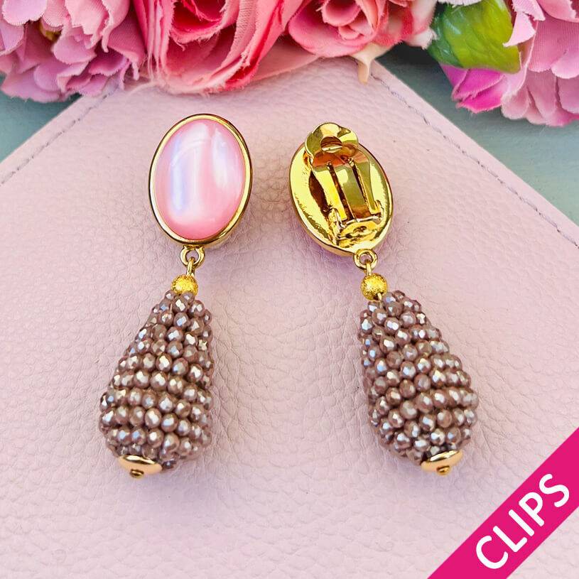 SchwesterSchwester Rosafarbene Ohrclsip mit glitzerndem champagnerfarbenem Tropfen Black Friday Preise