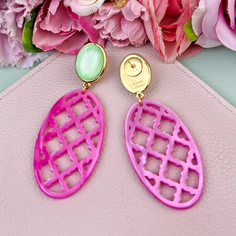 SchwesterSchwester Vergoldete Ohrstecker in wunderschönem Hellgrün mit Oval in Pink im Marrakesch-Stil Auslauf