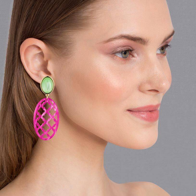 SchwesterSchwester Vergoldete Ohrstecker in wunderschönem Hellgrün mit Oval in Pink im Marrakesch-Stil Auslauf