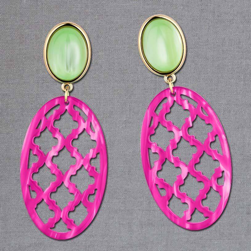 SchwesterSchwester Vergoldete Ohrstecker in wunderschönem Hellgrün mit Oval in Pink im Marrakesch-Stil Auslauf