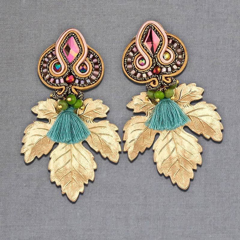 SchwesterSchwester Rosafarbene Soutache-Ohrstecker kleinen hellblauen Quasten und goldenen Blättern Weihnachtsangebot
