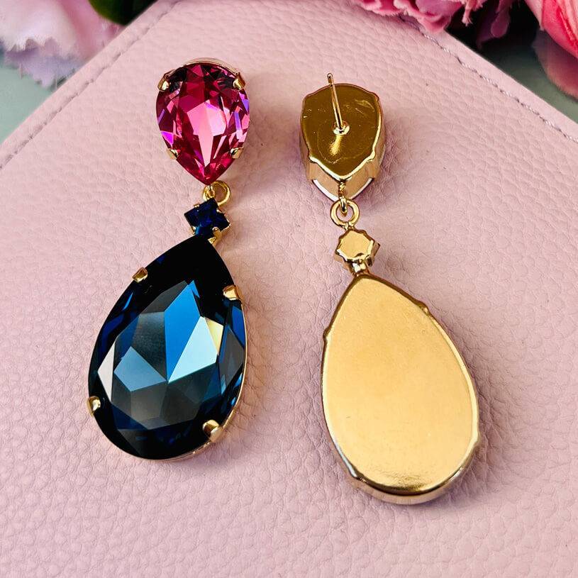 SchwesterSchwester Funkelnde Ohrstecker mit Glas-Kristallen in Pink und Dunkelblau Valentinstagsangebot