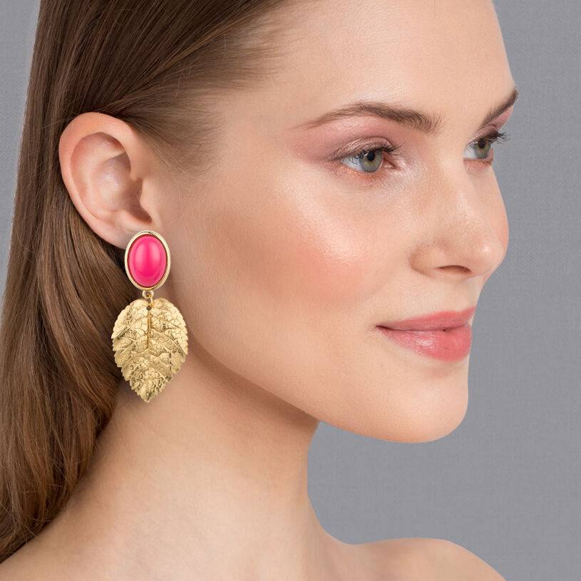 SchwesterSchwester Pinkfarbener Ohrstecker mit vergoldeten Blatt von AmuseToi Neueste Mode